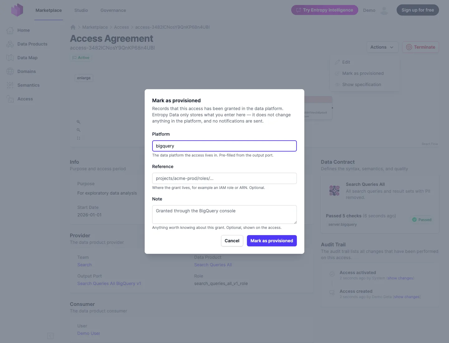 The Mark as provisioned dialog open on the access agreement page, platform pre-filled from the output port