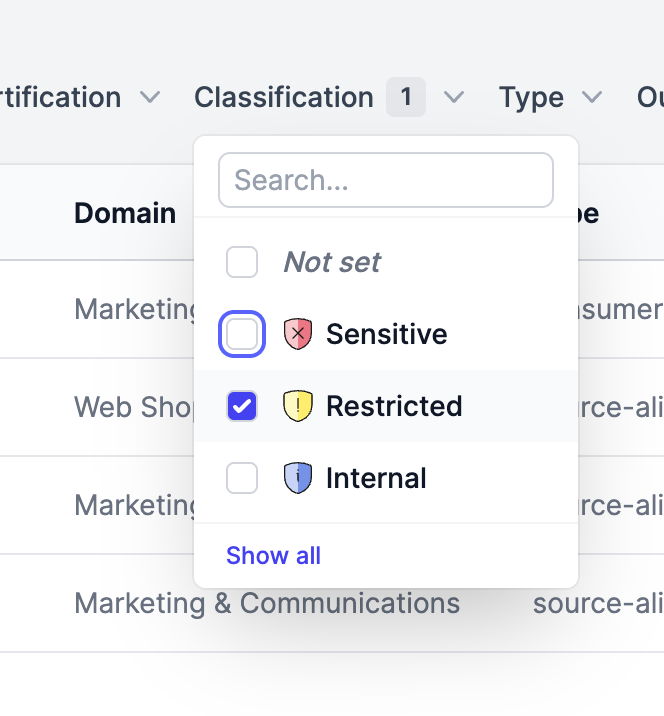 Classification filter on the data product list