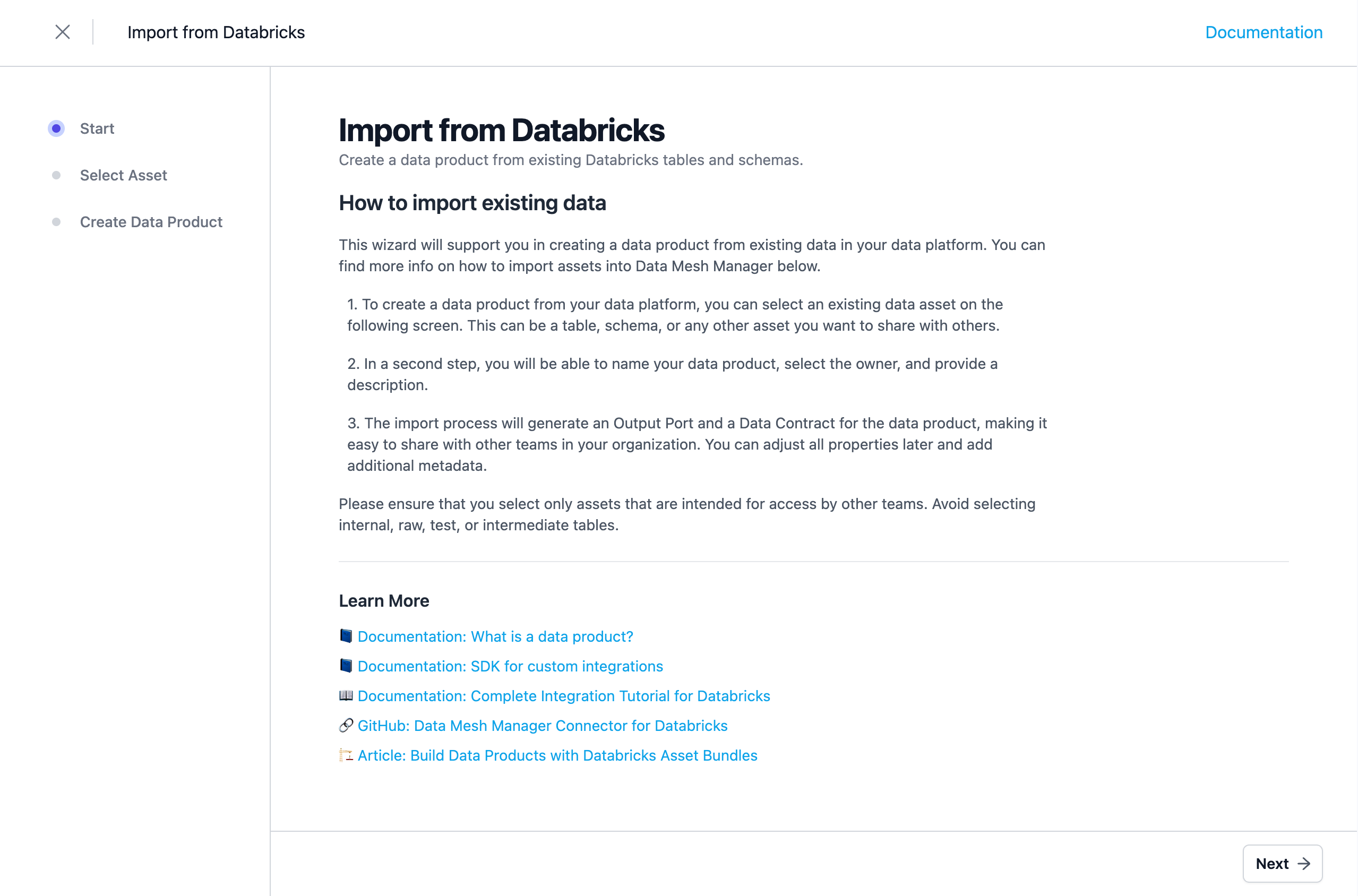 Import Data Product from Assets Step 1