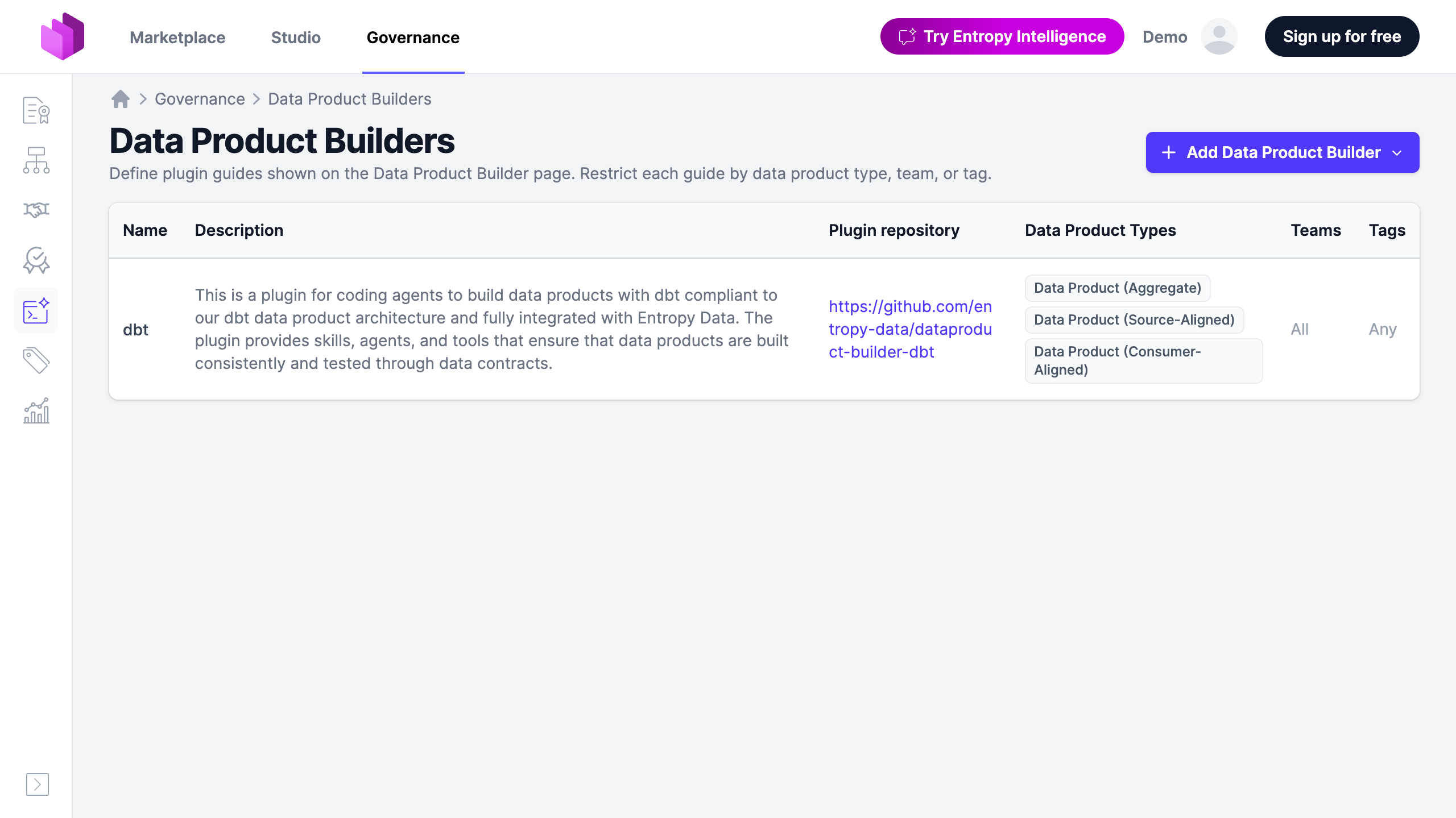 Governance page listing Data Product Builders with the Add Data Product Builder dropdown open