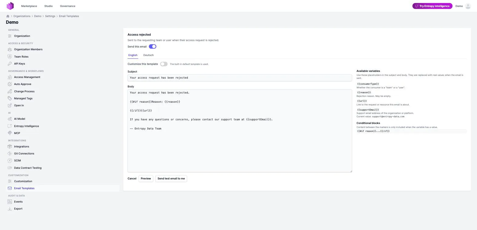 Editing the access rejected email, with the available variables listed alongside