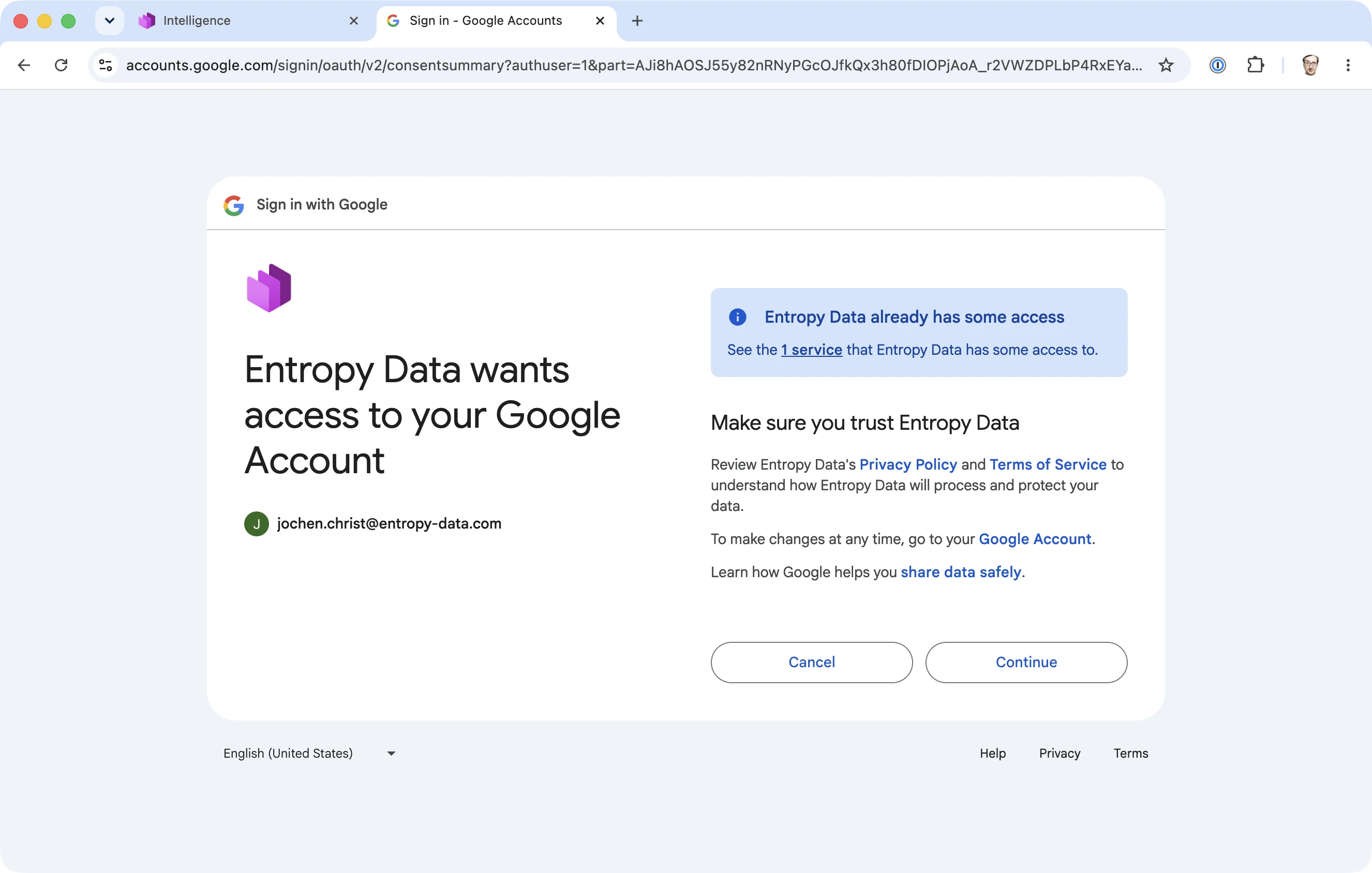 Google OAuth consent screen where the user grants Entropy Data access to their Google account for BigQuery