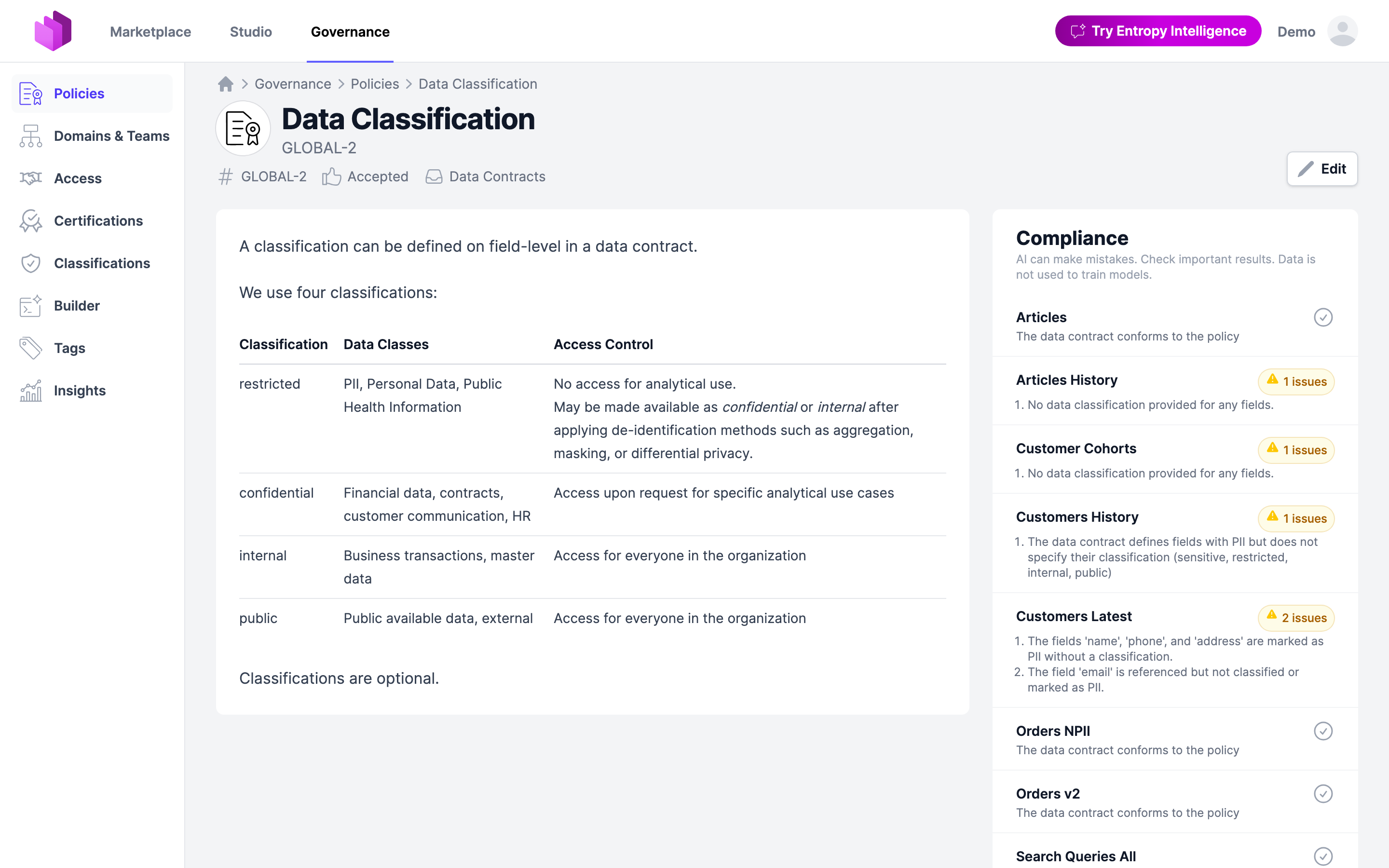 A policy with its rules and the Compliance card listing the checked data contracts