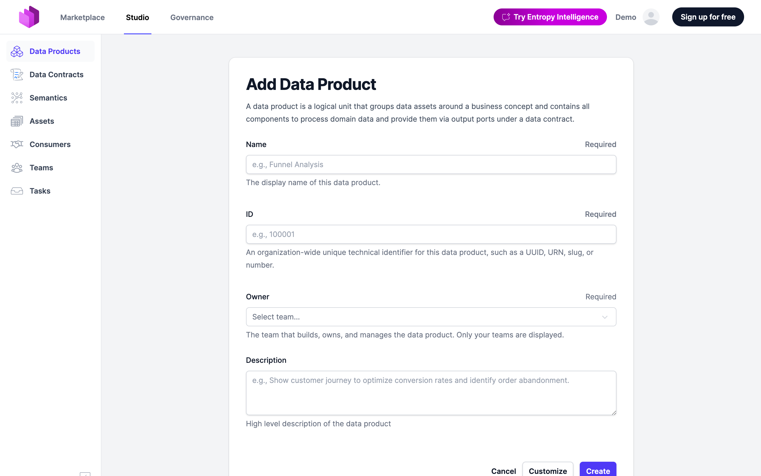 The Add Data Product form in Studio, with name, ID, owner, and description fields