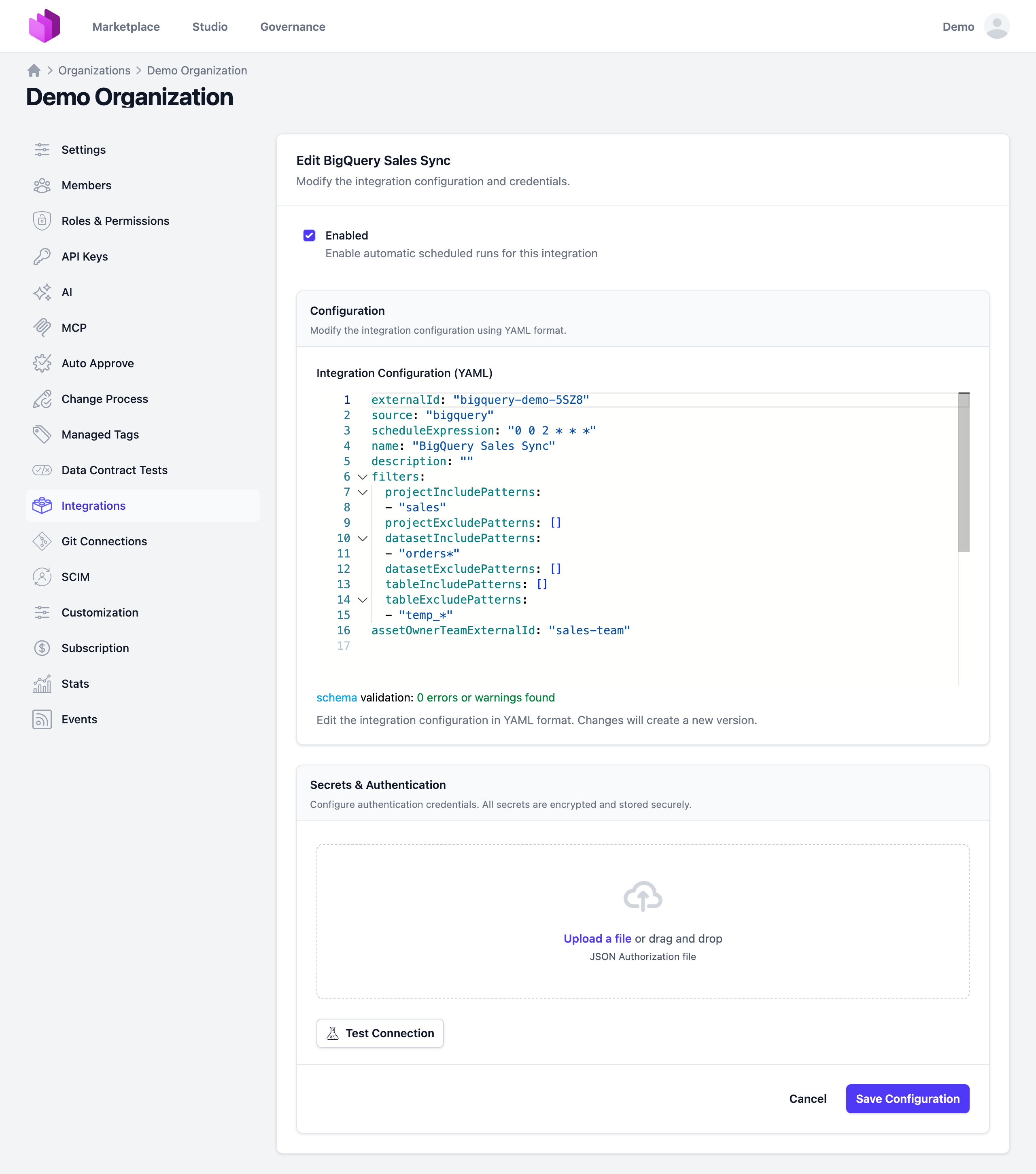 Integration configuration edit