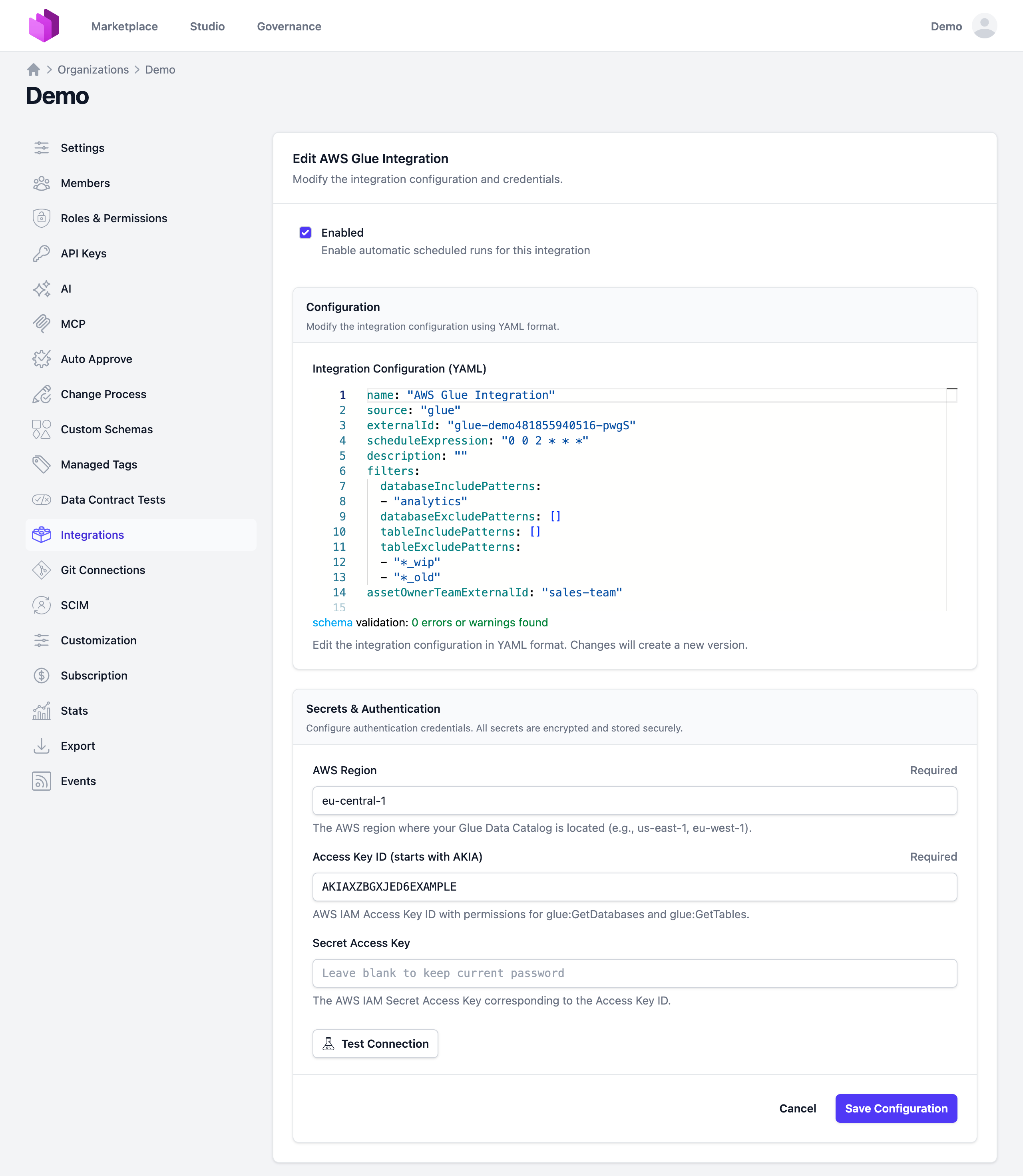 Edit the integration configuration