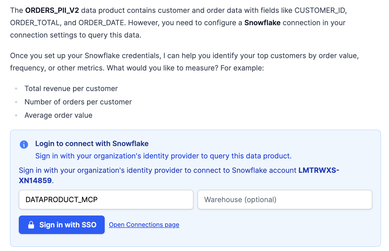 Sign in with SSO prompt in Entropy Intelligence when querying a Snowflake data product