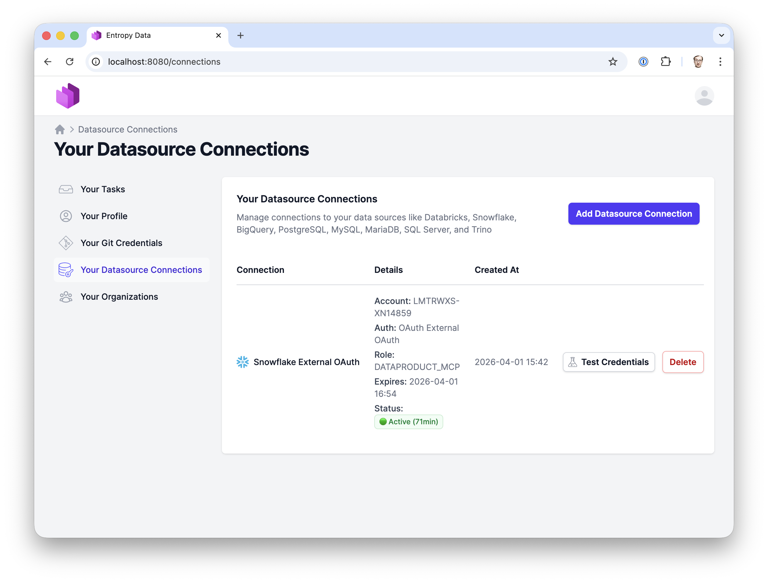 Your Datasource Connections page showing an active Snowflake External OAuth connection